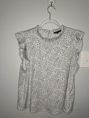 Adrianna Papell White Blouse with Black Dot Print and Ruffle Neck